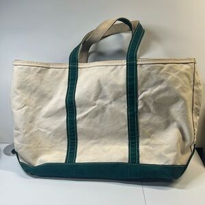 Vtg LL Bean Boat And Tote Bag Canvas Green Zip Top Heavyweight Large 21x13x7